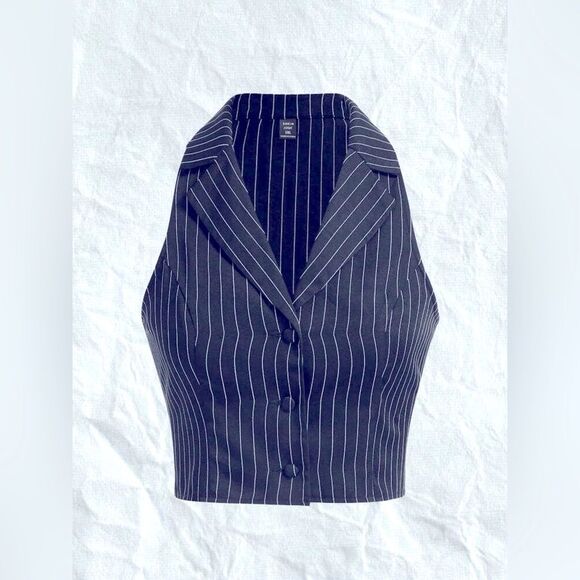 Shein Curve Navy Blue White Pinstripe Vest Top - Picture 1 of 9